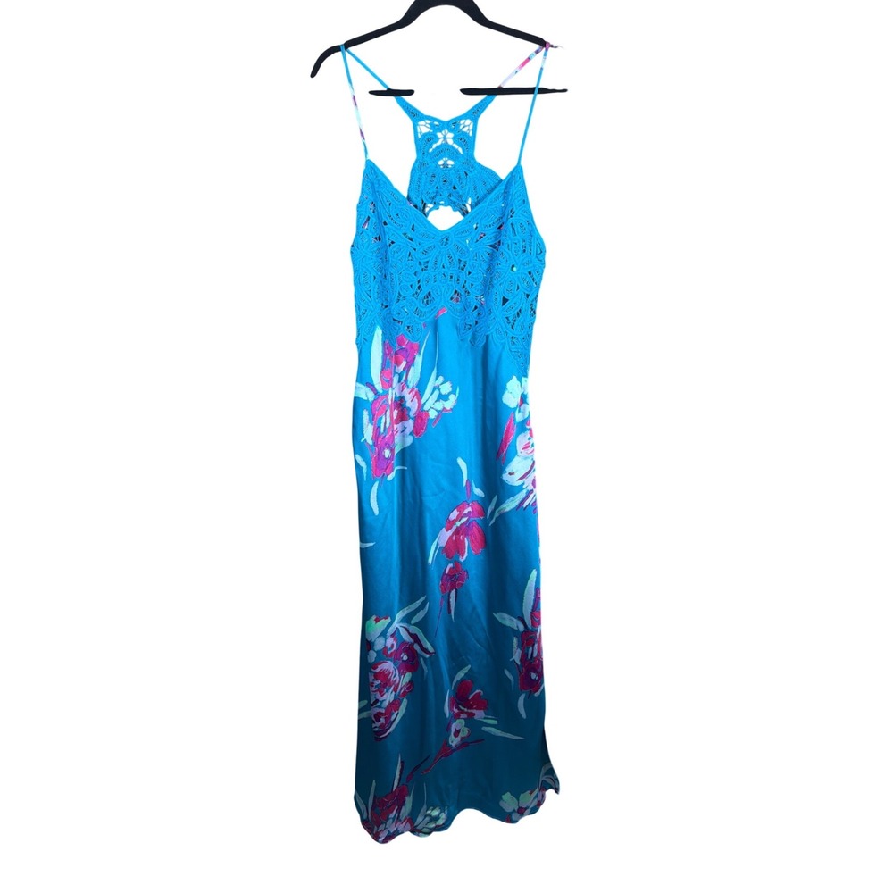 Free People Blue Floral Crochet Lace Racerback Maxi Dress Womens Large OB1681347